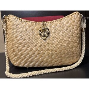 Koret Woven Bamboo Handbag Hard Case Enameled Latch Boho Old Money Italy Vtg 60s